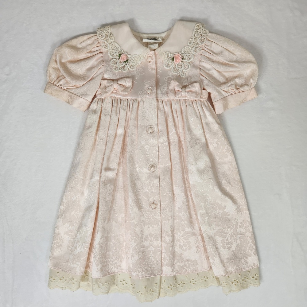 Vintage Little Penguin Girls Pink Damask Lace Dress Size 4 Rose Eyelet USA Made